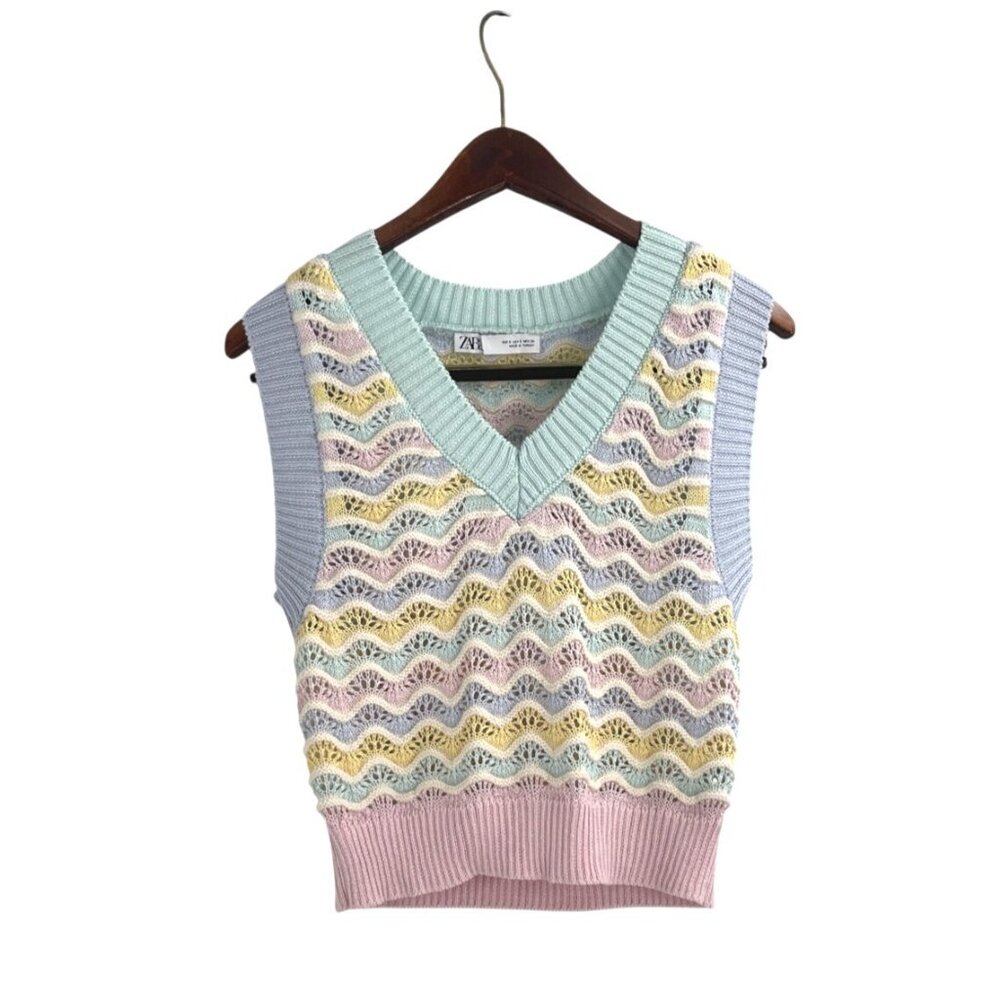 Zara Womens S Pastel Knit Sleeveless Sweater Vest Scallop Crochet Light Academia